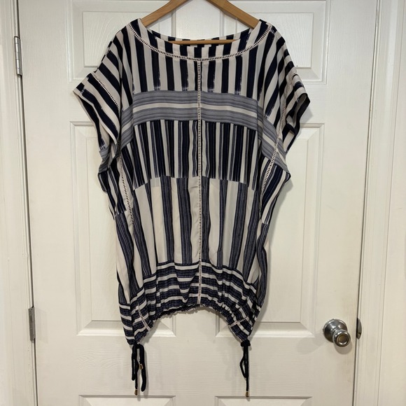 Lysse NY Flowy Gauzy Striped Kimono Kaftan Top L/XL Navy White Summer Vacation - Picture 2 of 12